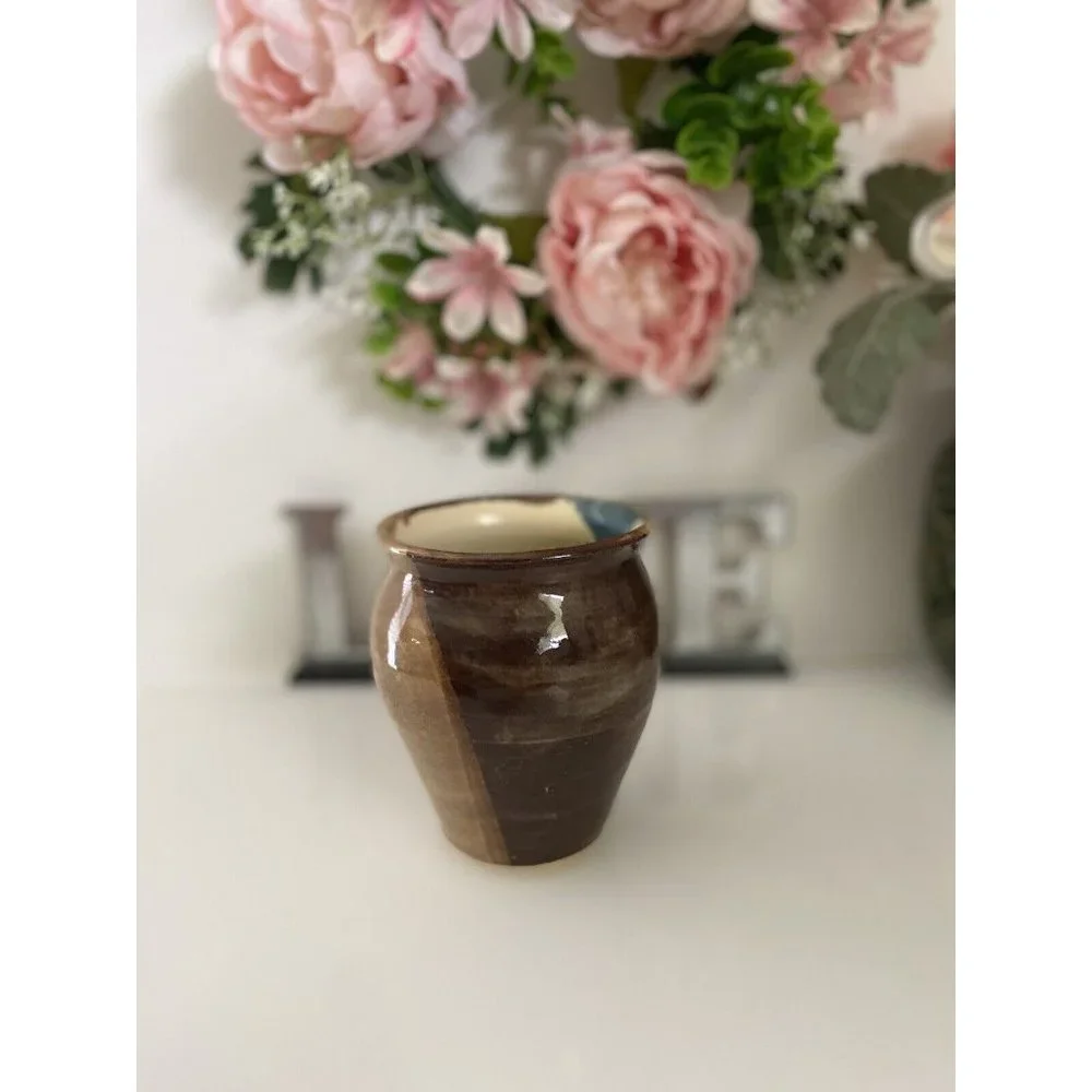 Blue and Brown Glazed Rare Signed by Artist Jen O MCM Studio Art Pottery Vase 5